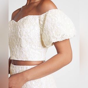 Sequin off shoulder puff sleeve crop top